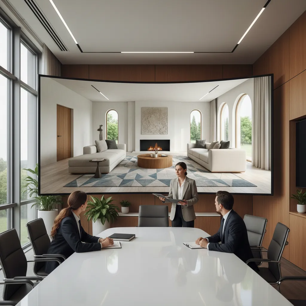 Professional woman presents a living room interior design drawing on a large screen during meetings