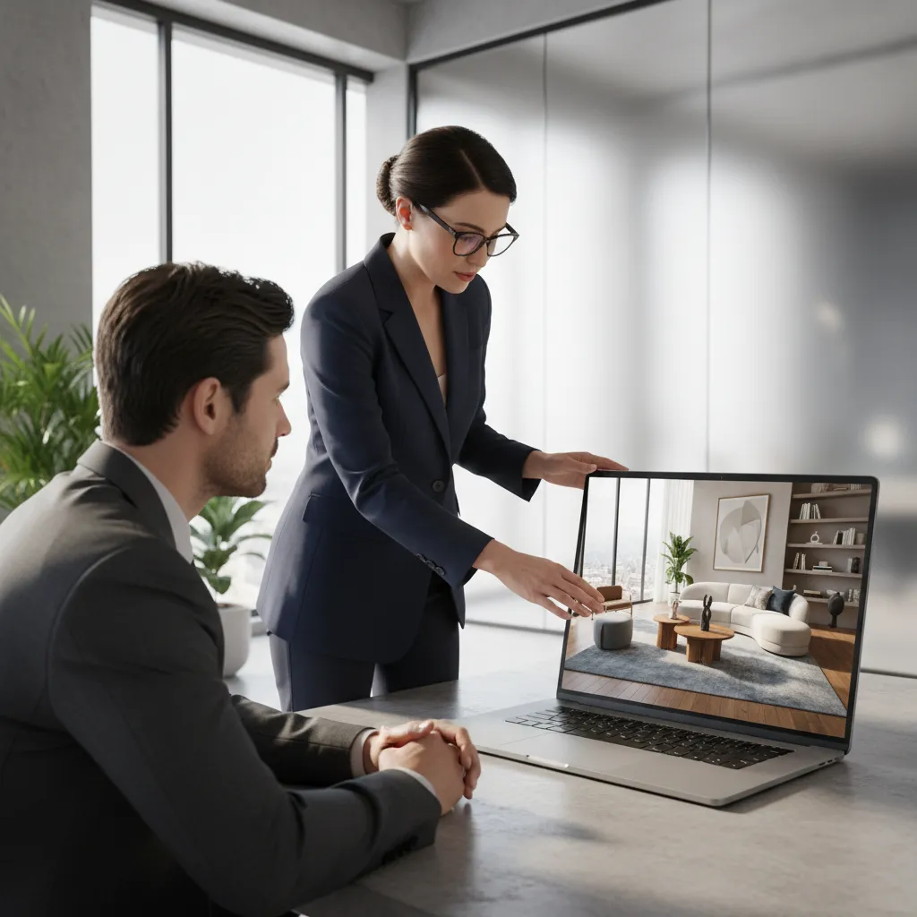 Diseñador mostrando render 3D de un salón a un cliente