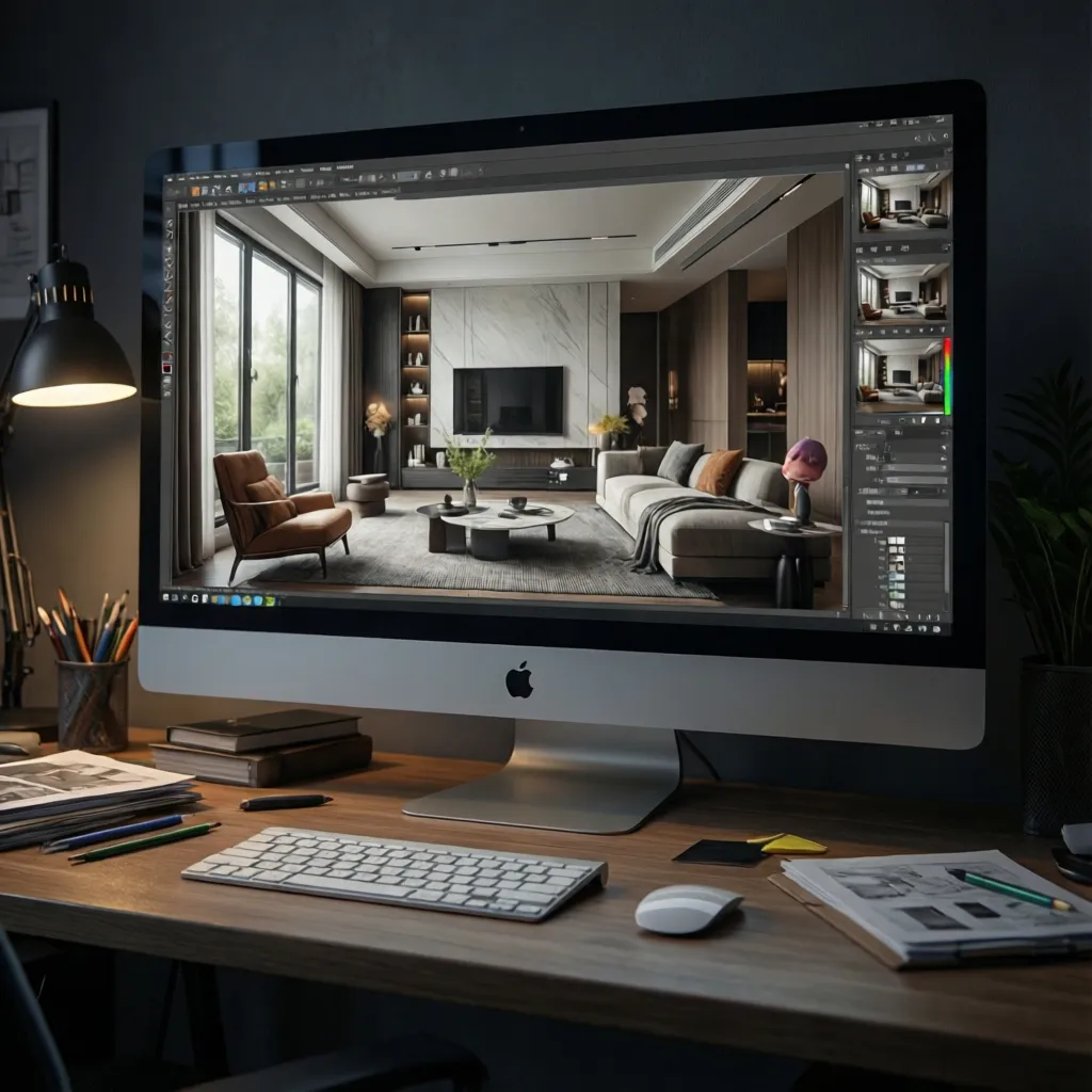Photorealistic 3D interior rendering displayed on monitor during design presentation review