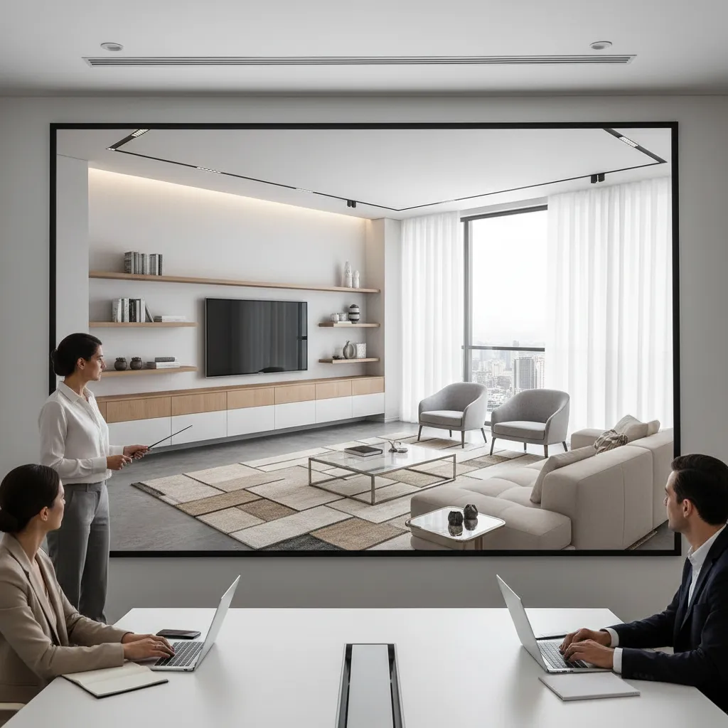 designer presenting 3D interior renderings of modern apartment layout