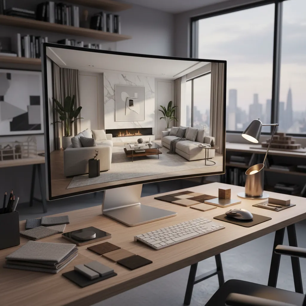 Pantalla mostrando render 3D de un salón moderno durante el proceso de diseño