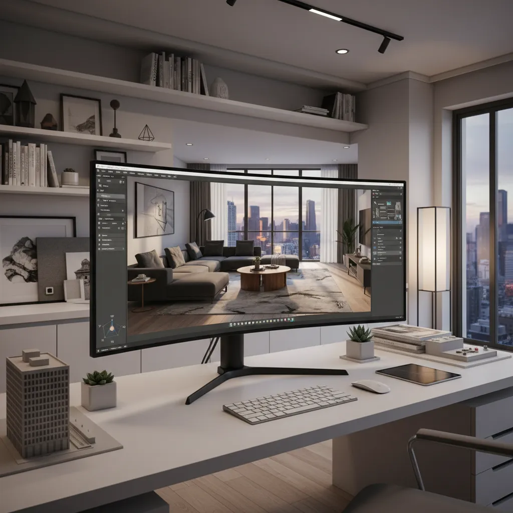 Visualización 3D de un diseño interior en proceso en una pantalla de ordenador