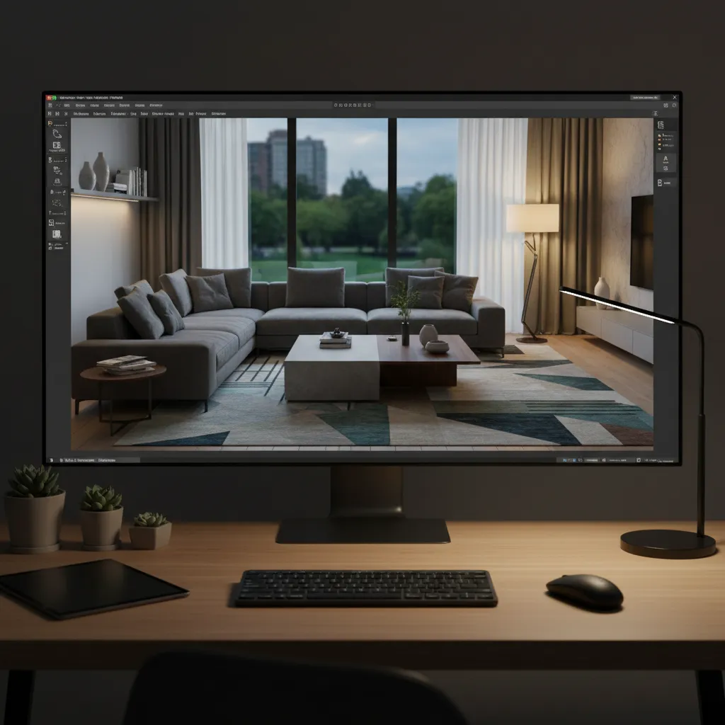 Computer monitor displaying 3D interior design of modern living room with grey sofa and rug