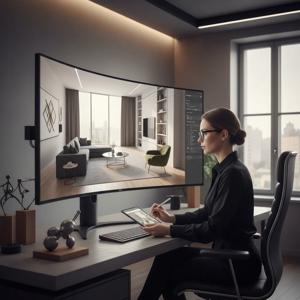 Diseñador revisando un render 3D de interior en una pantalla grande