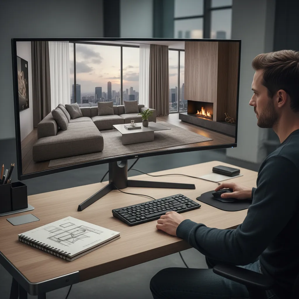 Designer reviewing realistic 3D interior rendering on computer screen
