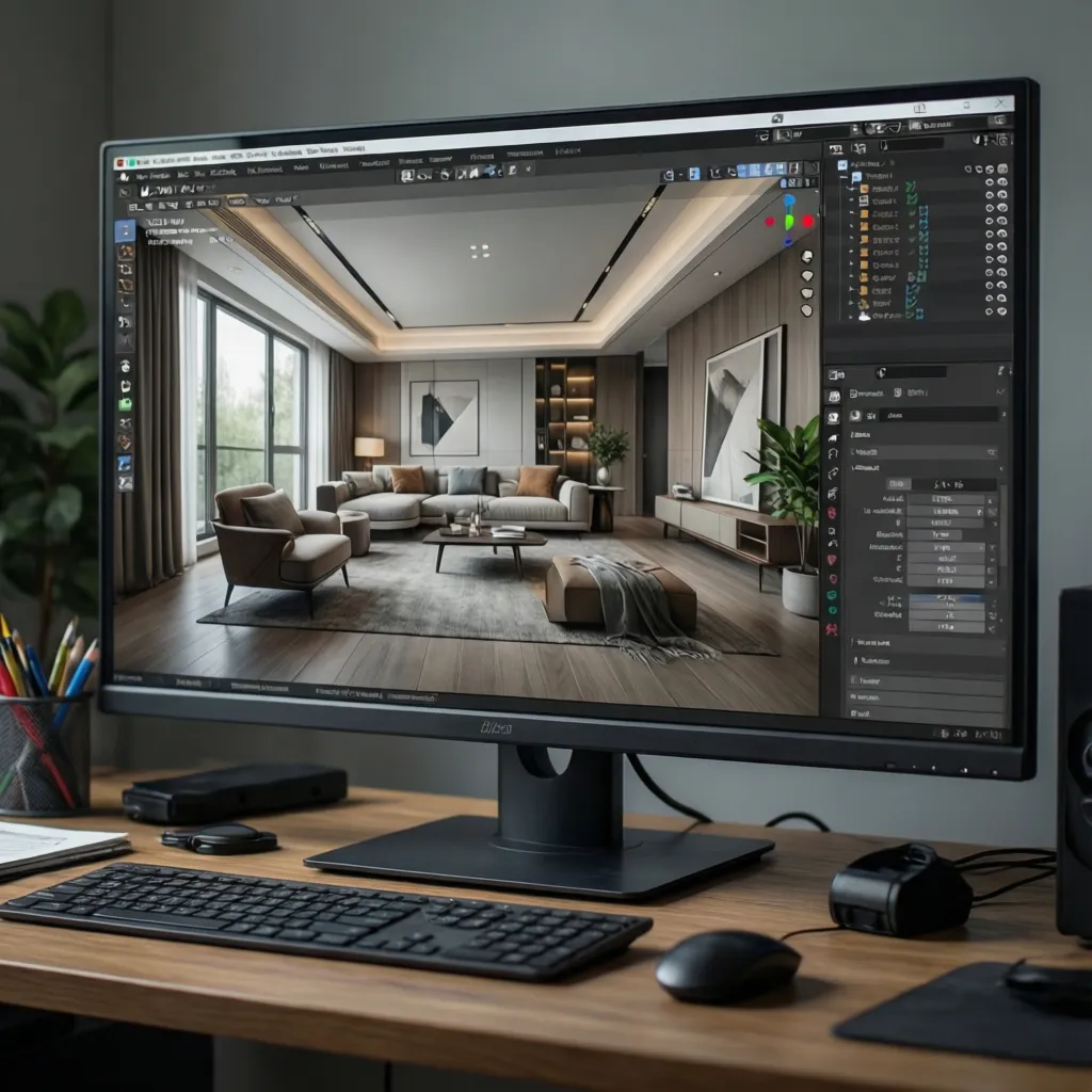 Estudiante creando un render 3D de un interior en ordenador