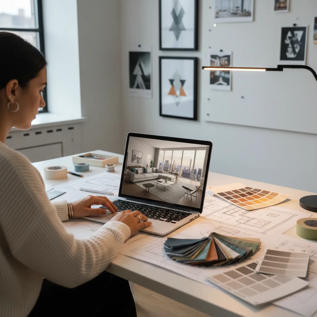 Woman working on laptop showing interior design drawing surrounded by floor plans and color swatches