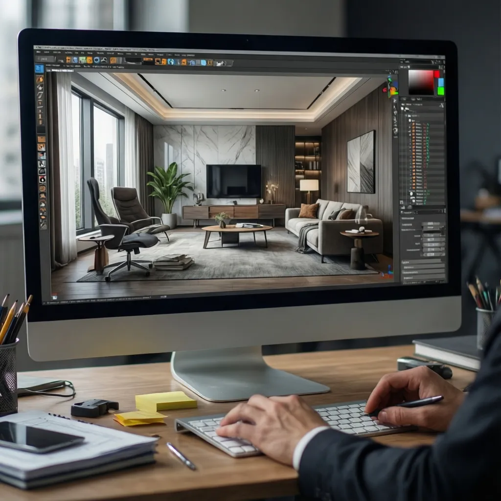 diseñador trabajando en render 3d de interior en ordenador