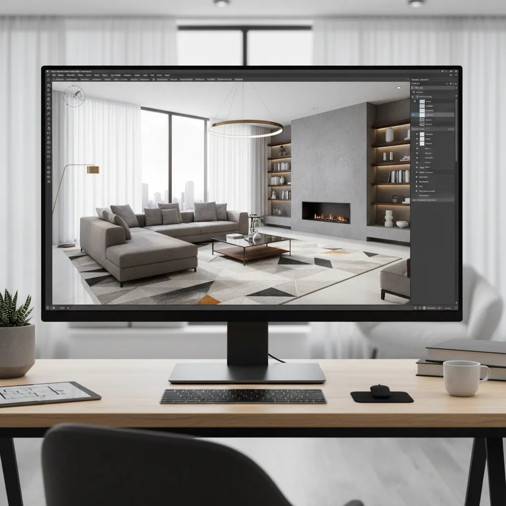 Pantalla mostrando render 3D realista de un salón moderno