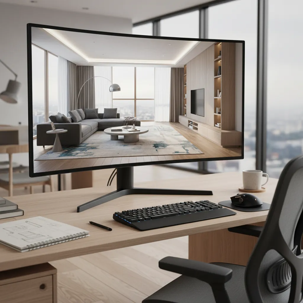 Pantalla mostrando render 3D de diseño interior