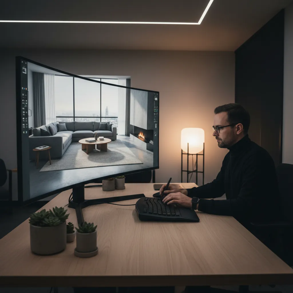 Pantalla de ordenador mostrando render 3D de un interior