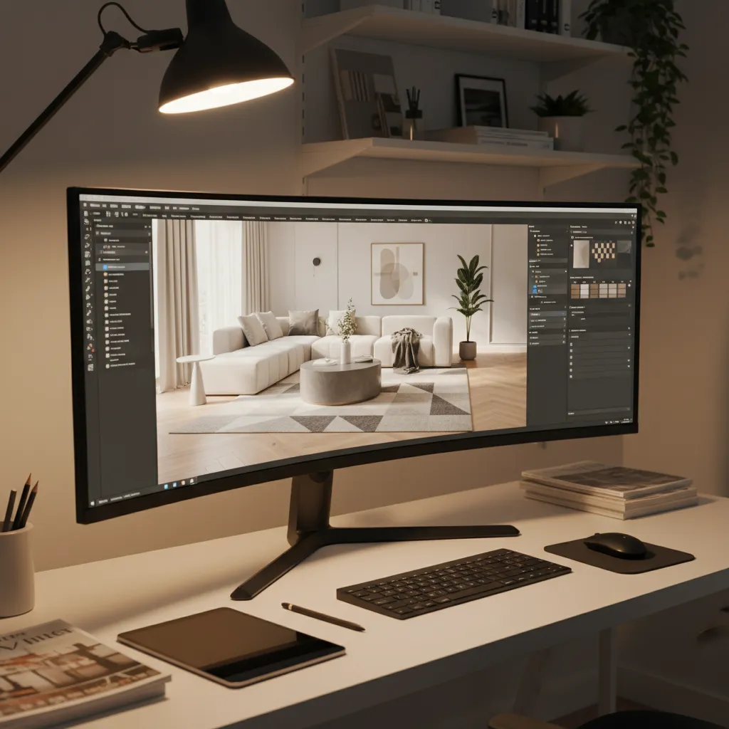 designer creating interior scene in 3D rendering software on computer