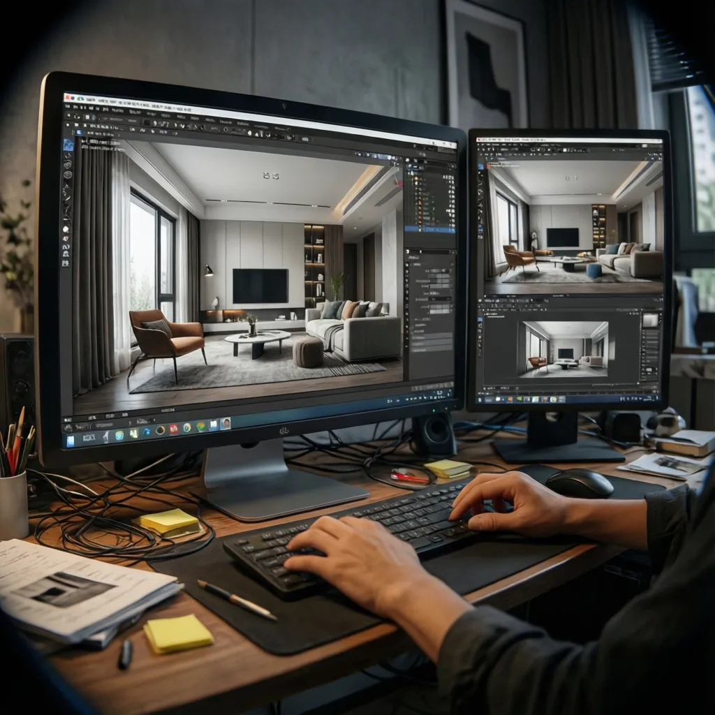 Estudiante trabajando en render 3D de interiorismo en ordenador
