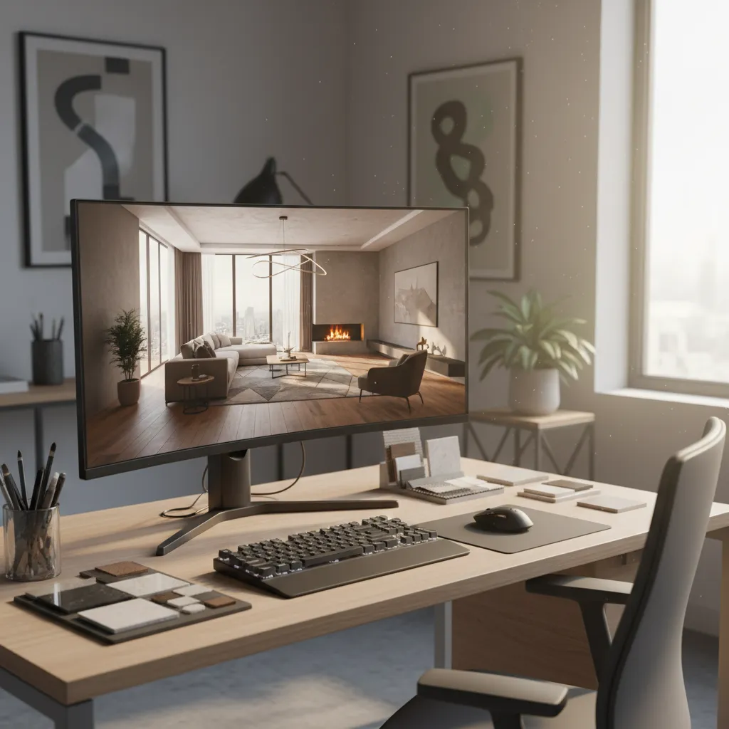 Pantalla con render 3D de un espacio interior en proceso de diseño