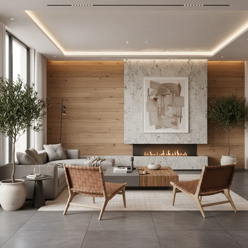 Renderizado 3D realista de un espacio interior moderno