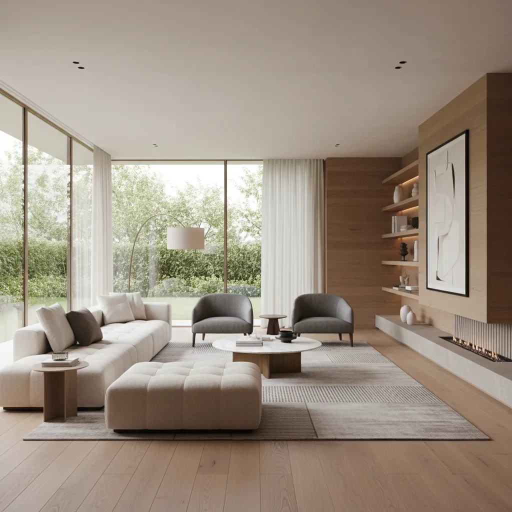 modern living room interior rendered with photorealistic lighting and materials