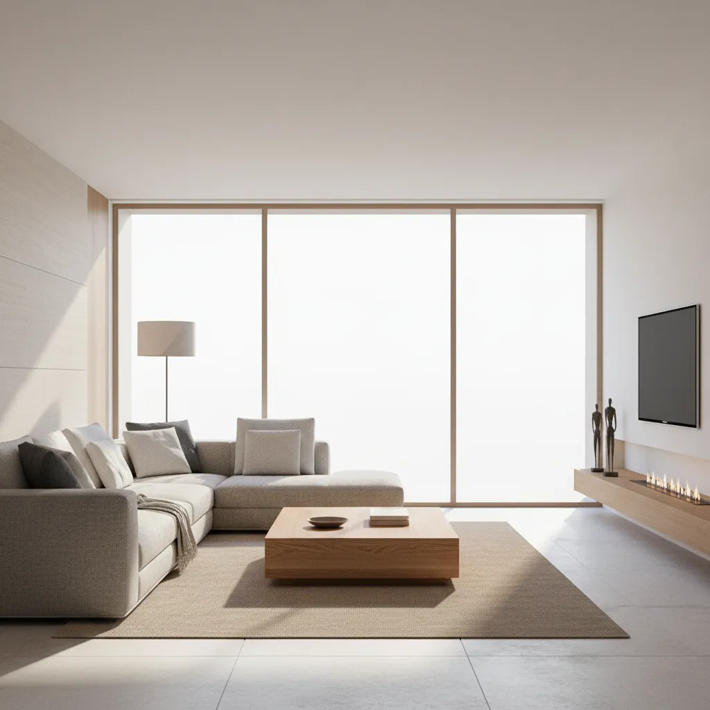 photorealistic living room interior 3D render showing modern furniture lighting and materials