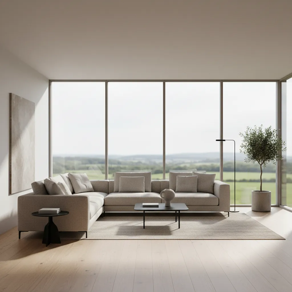 3D rendered living room interior showing modern furniture and natural lighting