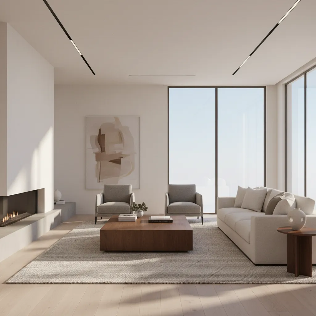 Minimalist living room with white sofa wooden coffee table grey rug fireplace and large windows