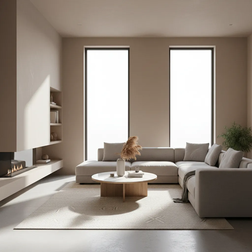 3D rendered living room showing furniture layout and lighting simulation