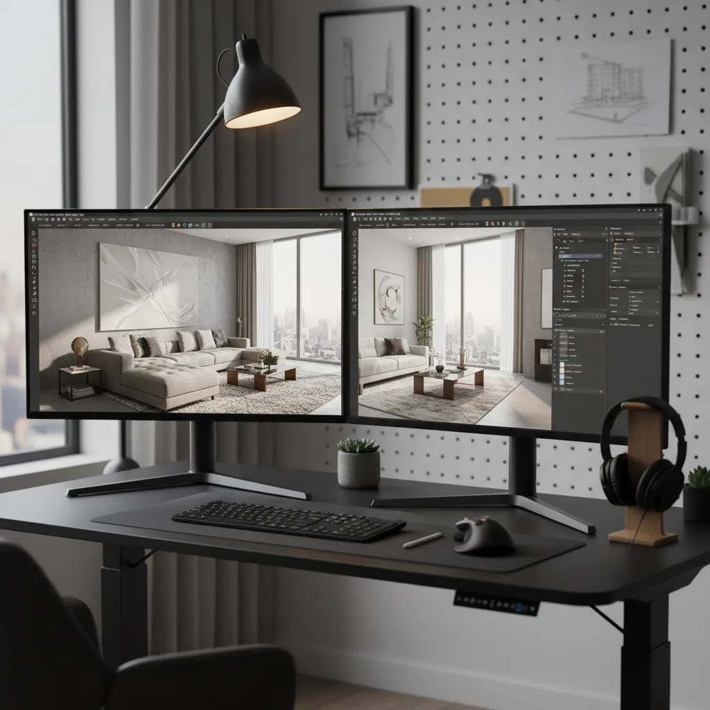 Pantalla de computadora mostrando render 3D de un salón moderno