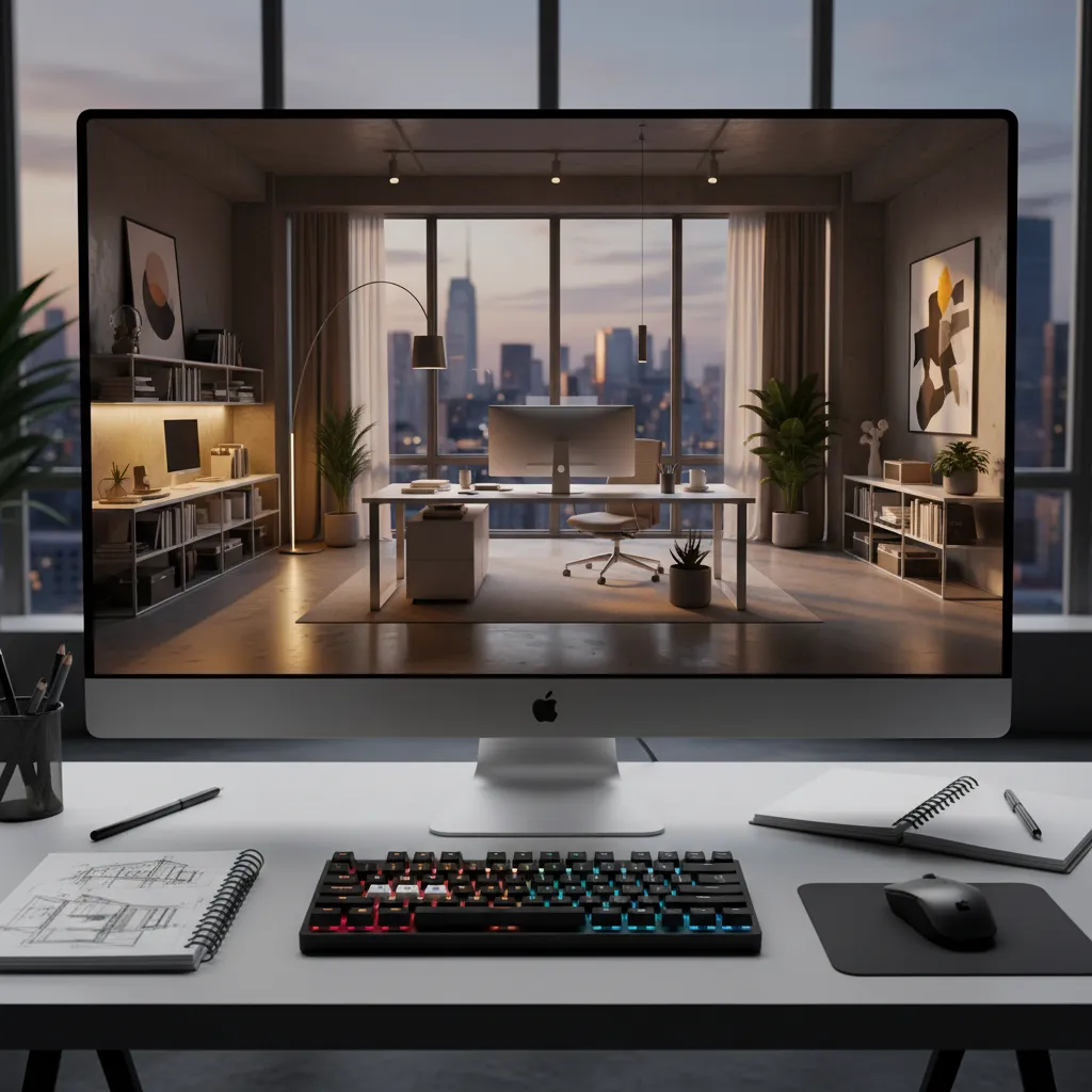 Pantalla mostrando renderizado 3D de un proyecto de interiorismo