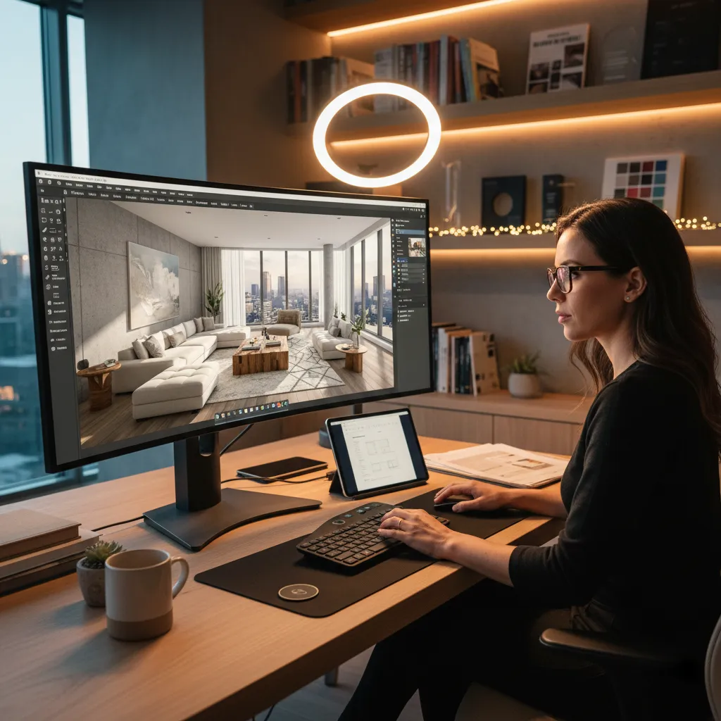 Diseñador trabajando en un render 3D de un salón moderno en ordenador