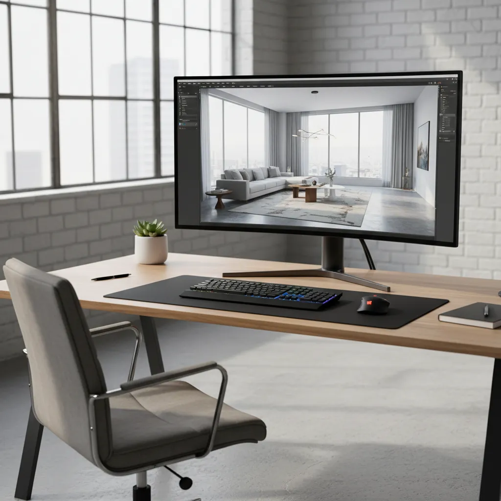 Computer screen showing realistic 3D interior rendering in a design studio workspace