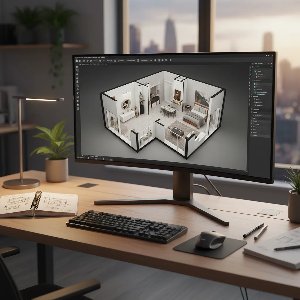 Pantalla de ordenador mostrando un plano de interiorismo en 3D