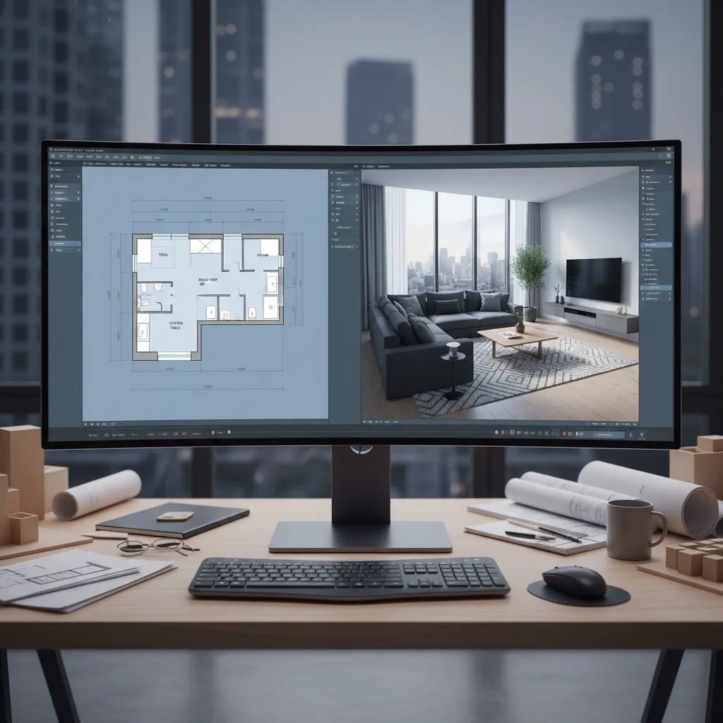 Interfaz de un programa de diseño de interiores 3D mostrando plano y vista renderizada