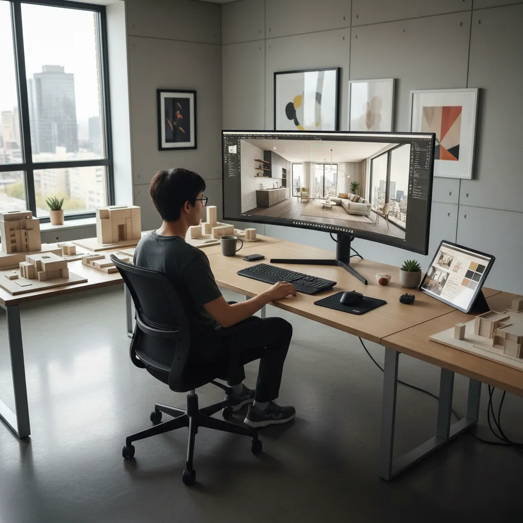 Estudiante creando un modelo 3D de una vivienda en ordenador