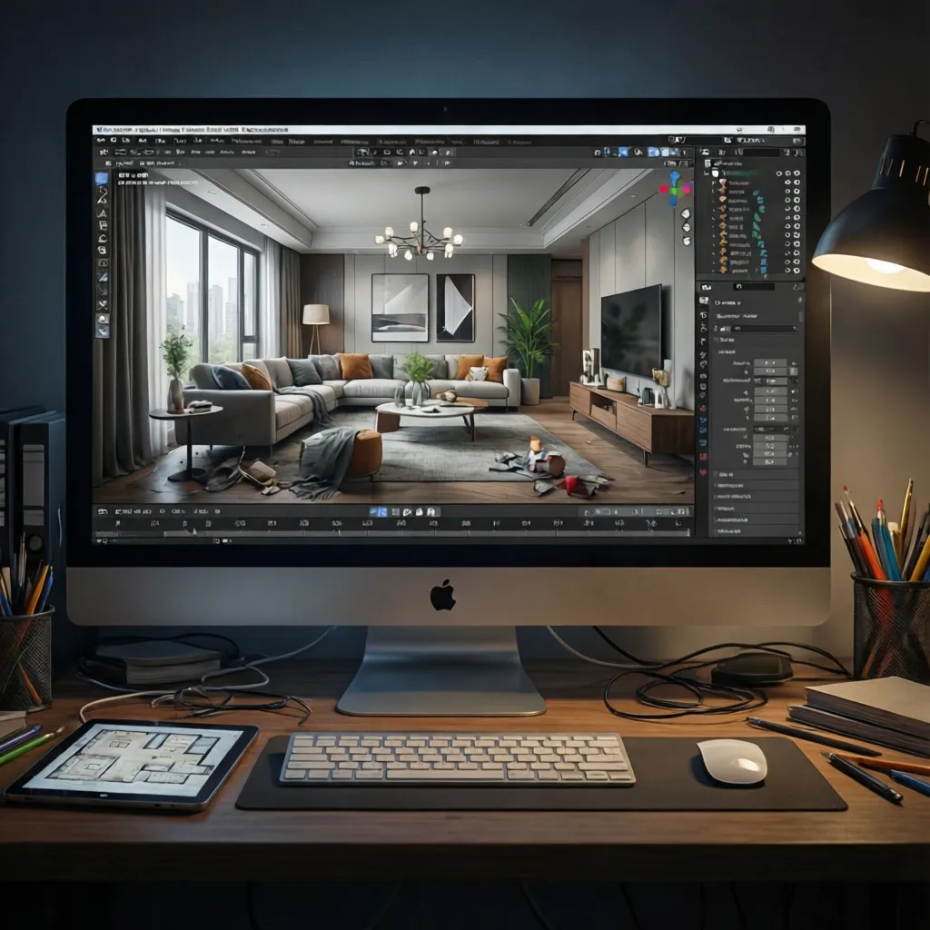 Computer screen displaying a realistic 3D interior design render and floor plan