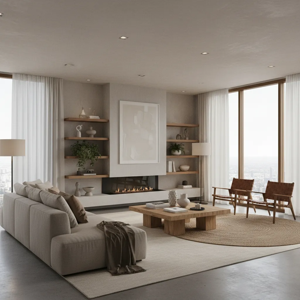 Render 3D de un salón basado en un panel de diseño