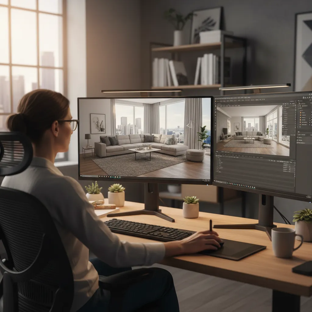 pantalla con visualización 3D de un proyecto de interiorismo