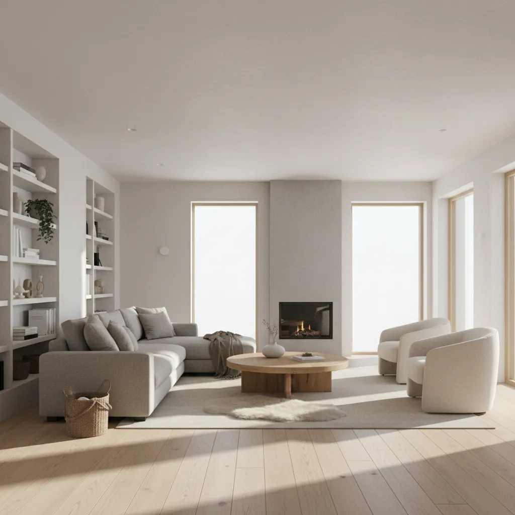 Minimalist living room with grey sofa wooden coffee table two armchairs fireplace and white shelves