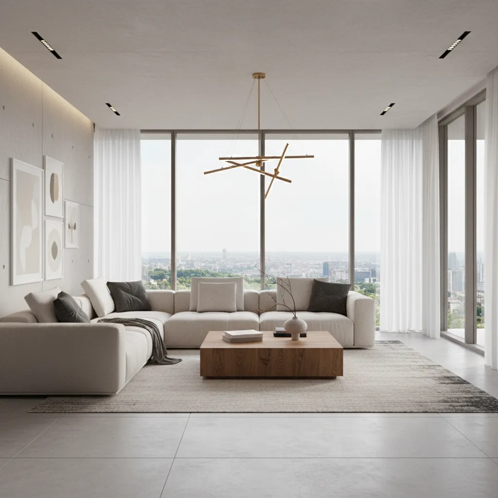 Visualización 3D realista de un salón moderno