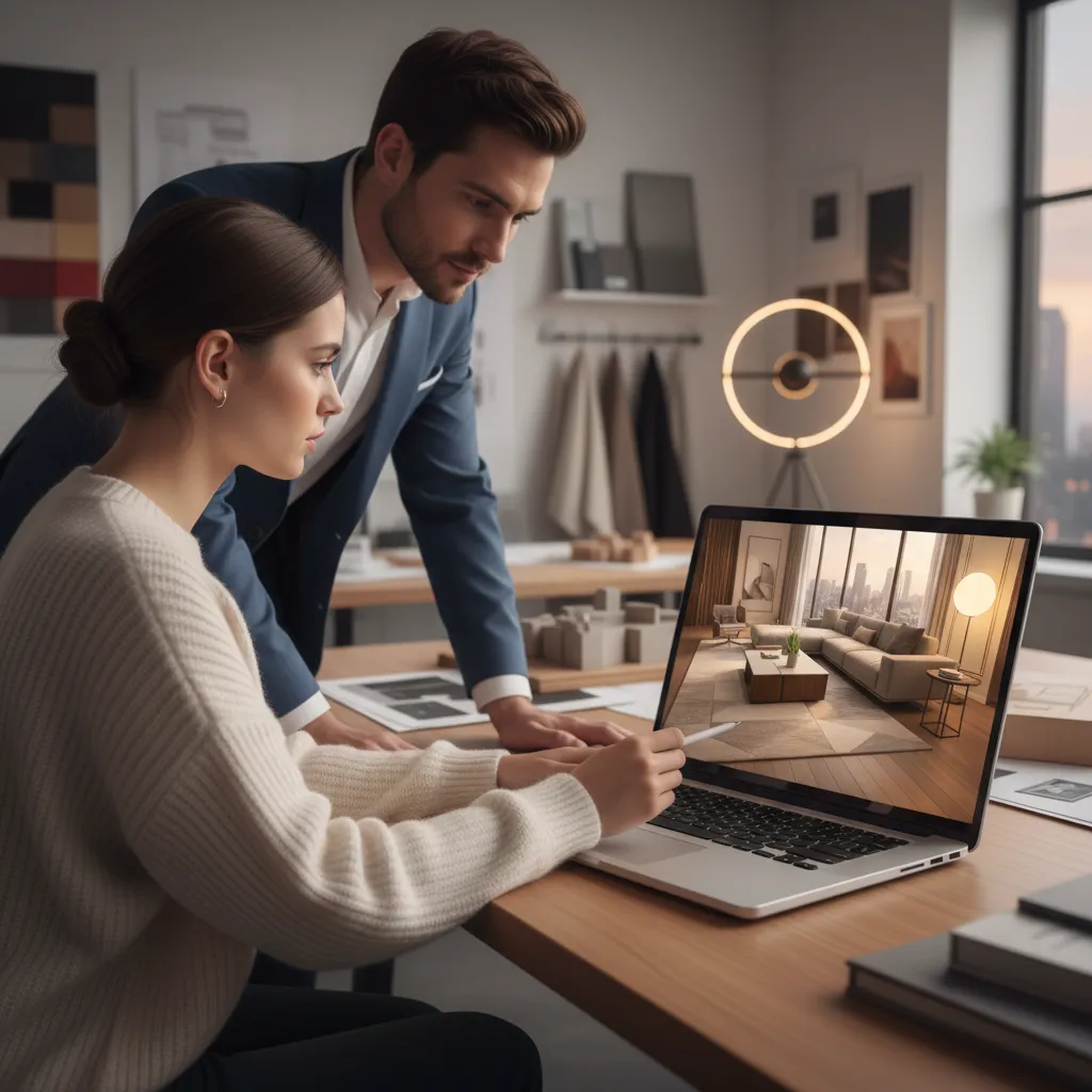 Cliente observando una visualización 3D realista de su futura sala de estar