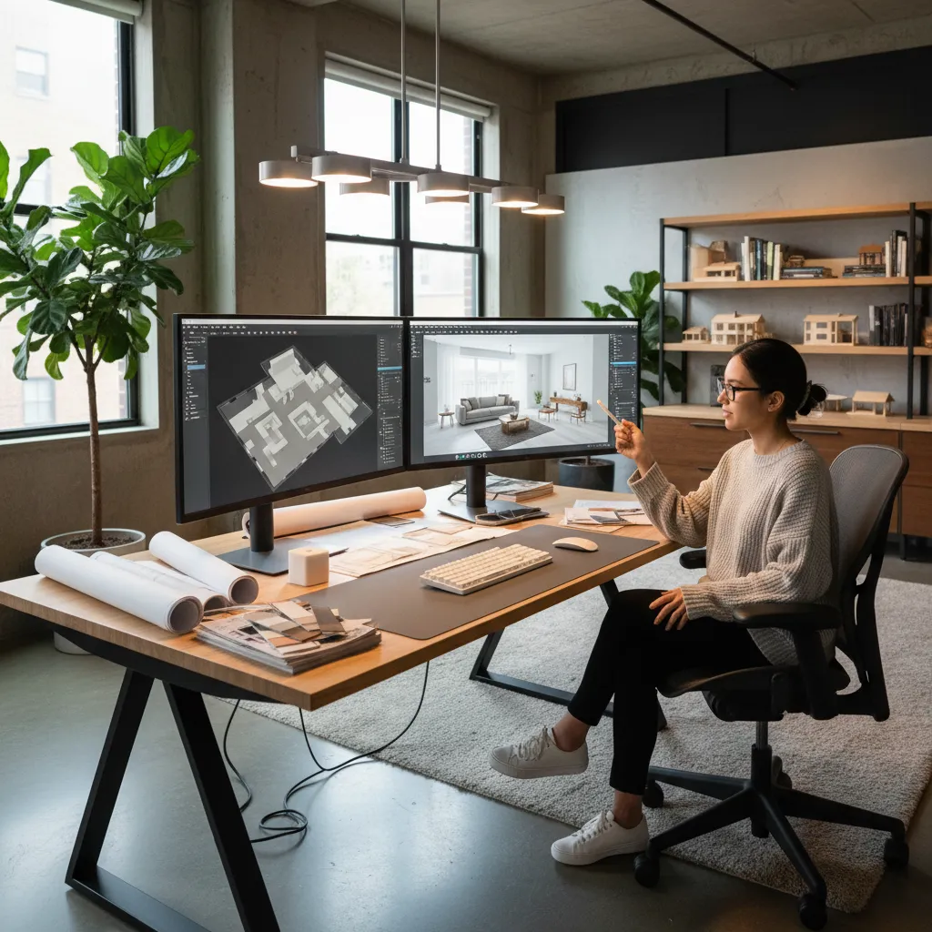 Diseñador trabajando con software 3D para planificar interiores