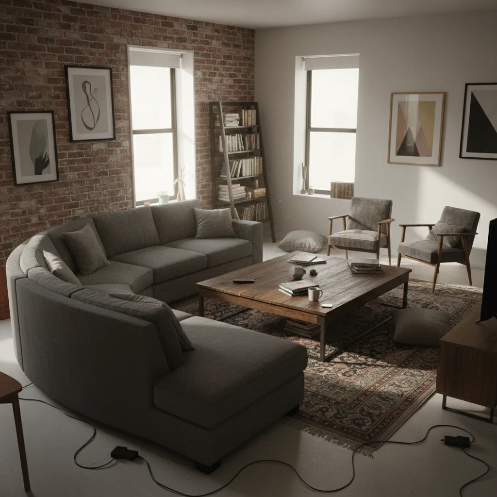 Modern living room with brick wall grey curved sofa wooden coffee table bookshelf and armchairs