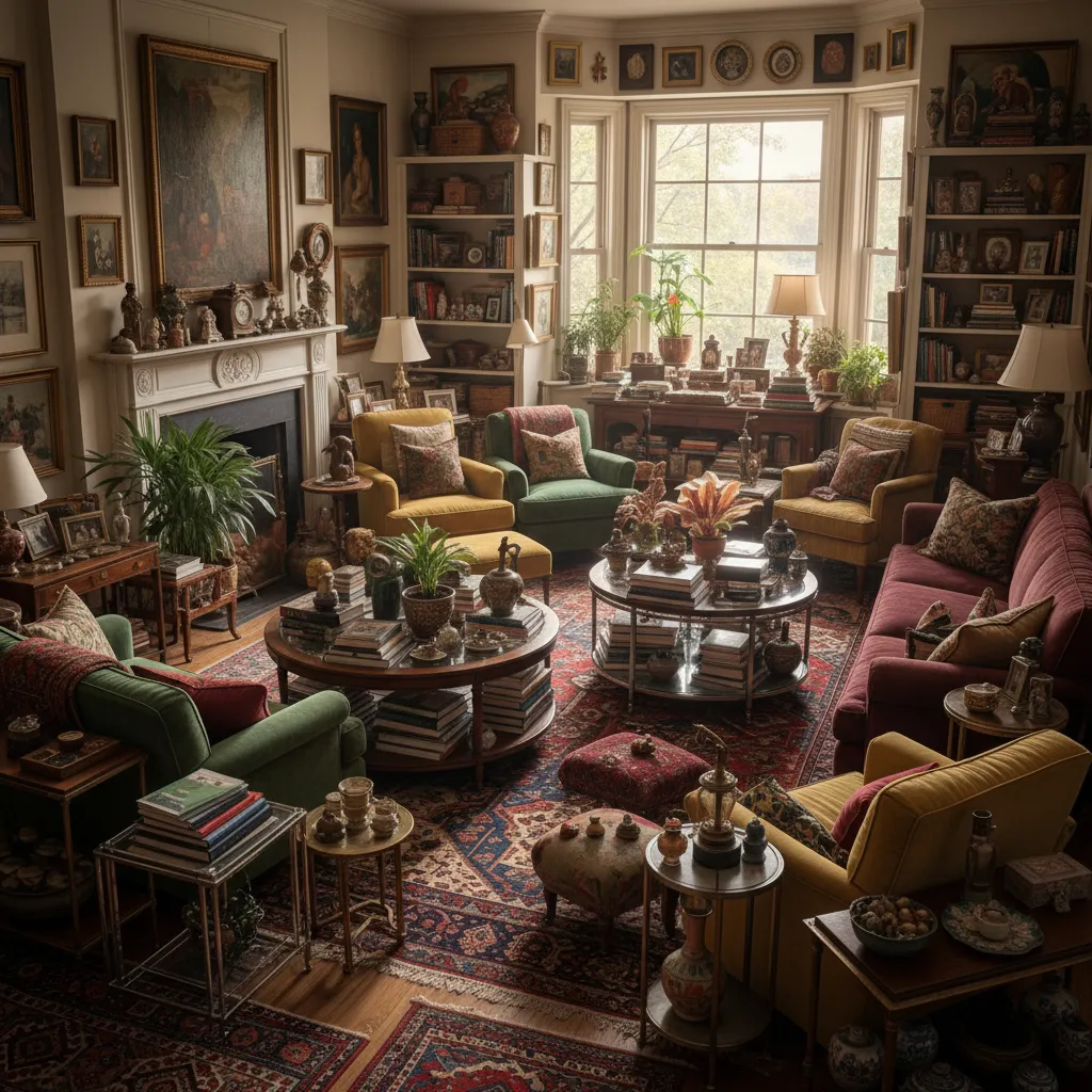 Salón con demasiados muebles mostrando un error común en diseños generados por IA