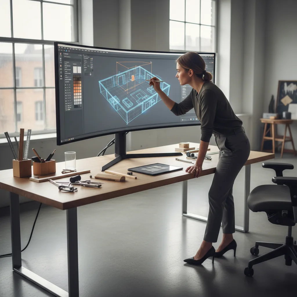 Diseñador revisando un diseño interior digital para corregir errores de distribución