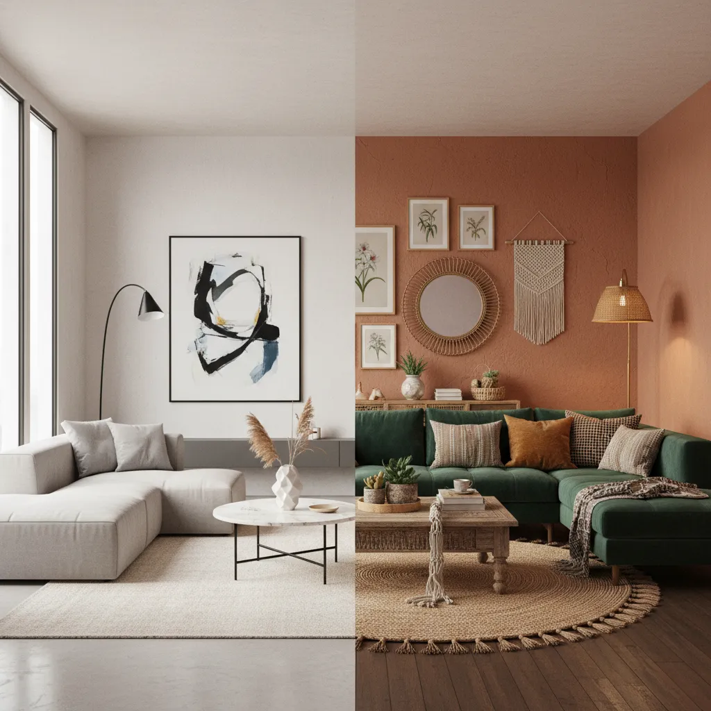 Side by side comparison of minimalist white living room and a warm green bohemian interior