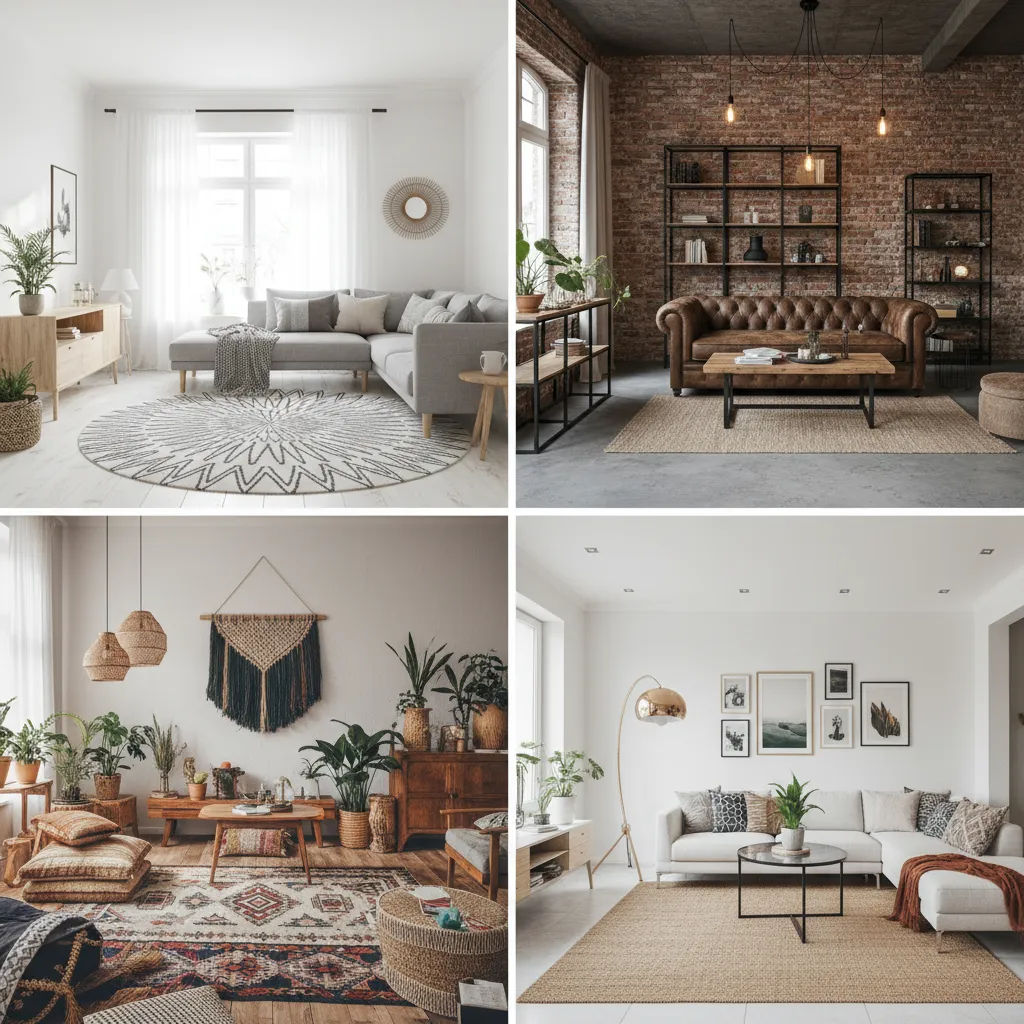Collage showing four different interior design styles for a living room including modern and industrial