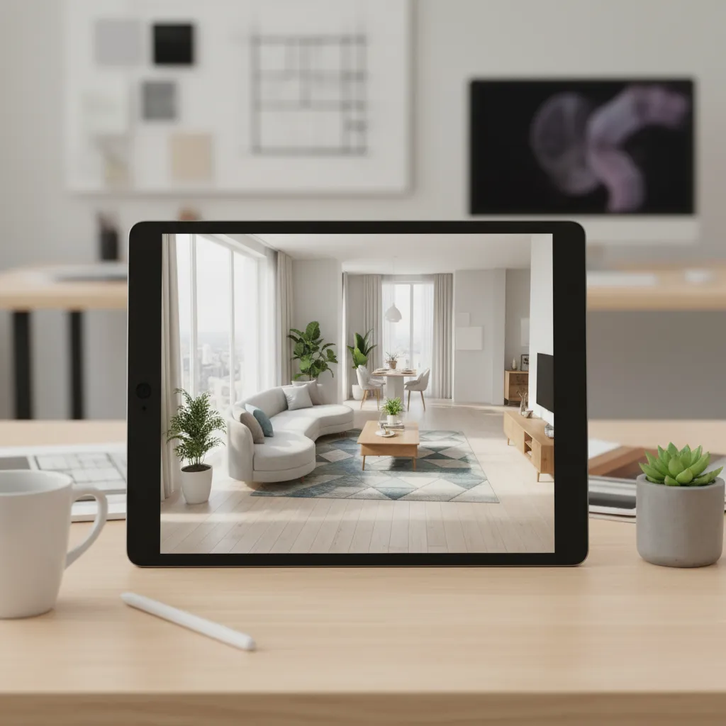 Tablet on desk showing modern living room design with curved sofa and wooden coffee table