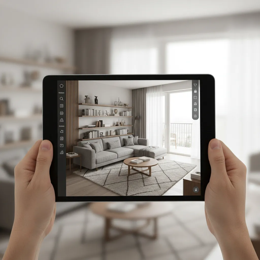 3D room layout planning interface on tablet with living room furniture arrangement