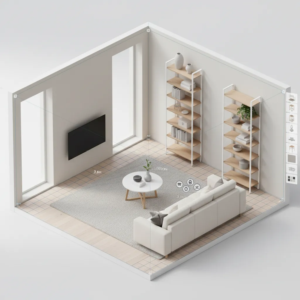 3D room planning interface showing furniture placement in a modern living room