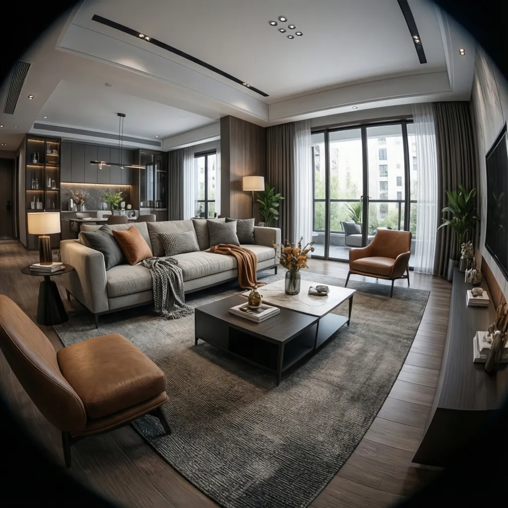 Visualización 3D de un salón moderno creada con una app de diseño