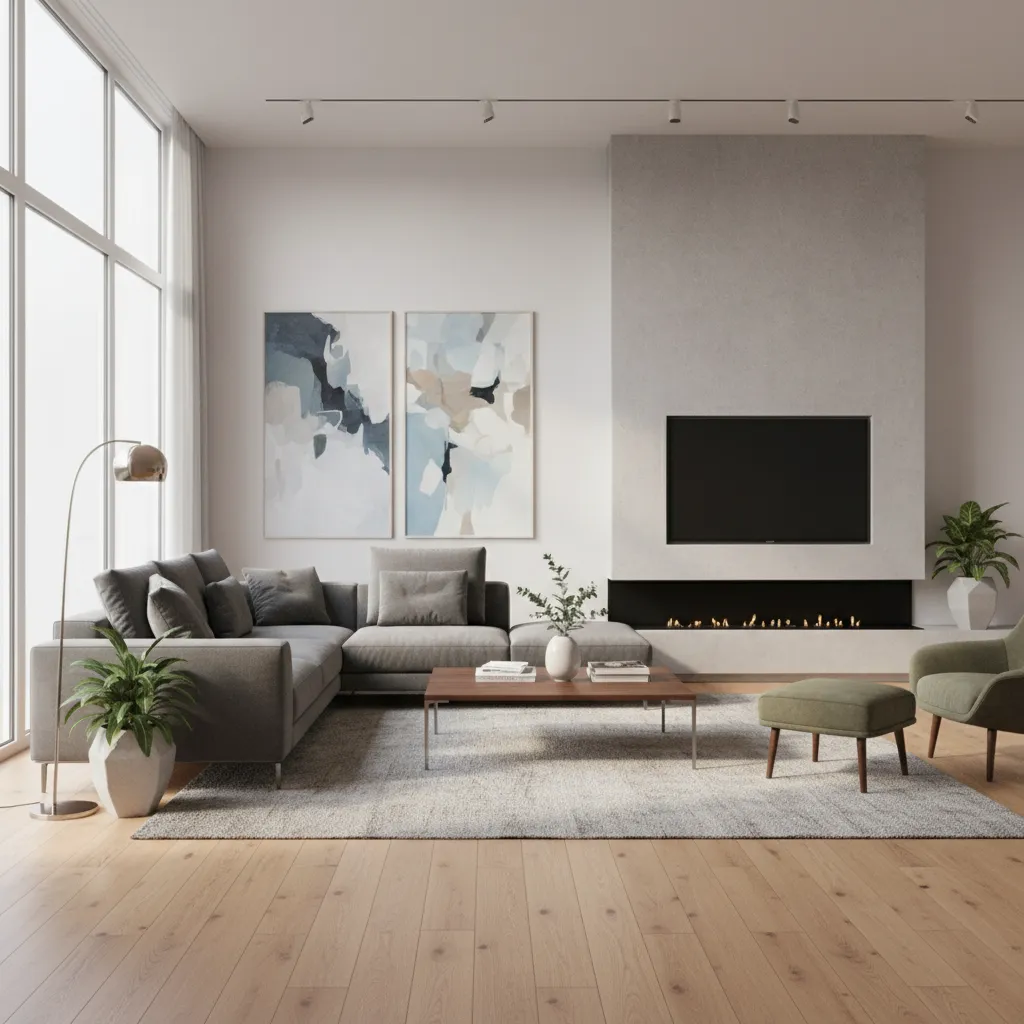 Vista 3D realista de un salón generada con una aplicación de diseño