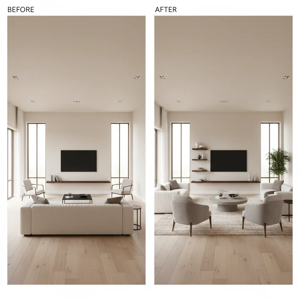 comparación de distribución de sala antes y después usando app de diseño interior
