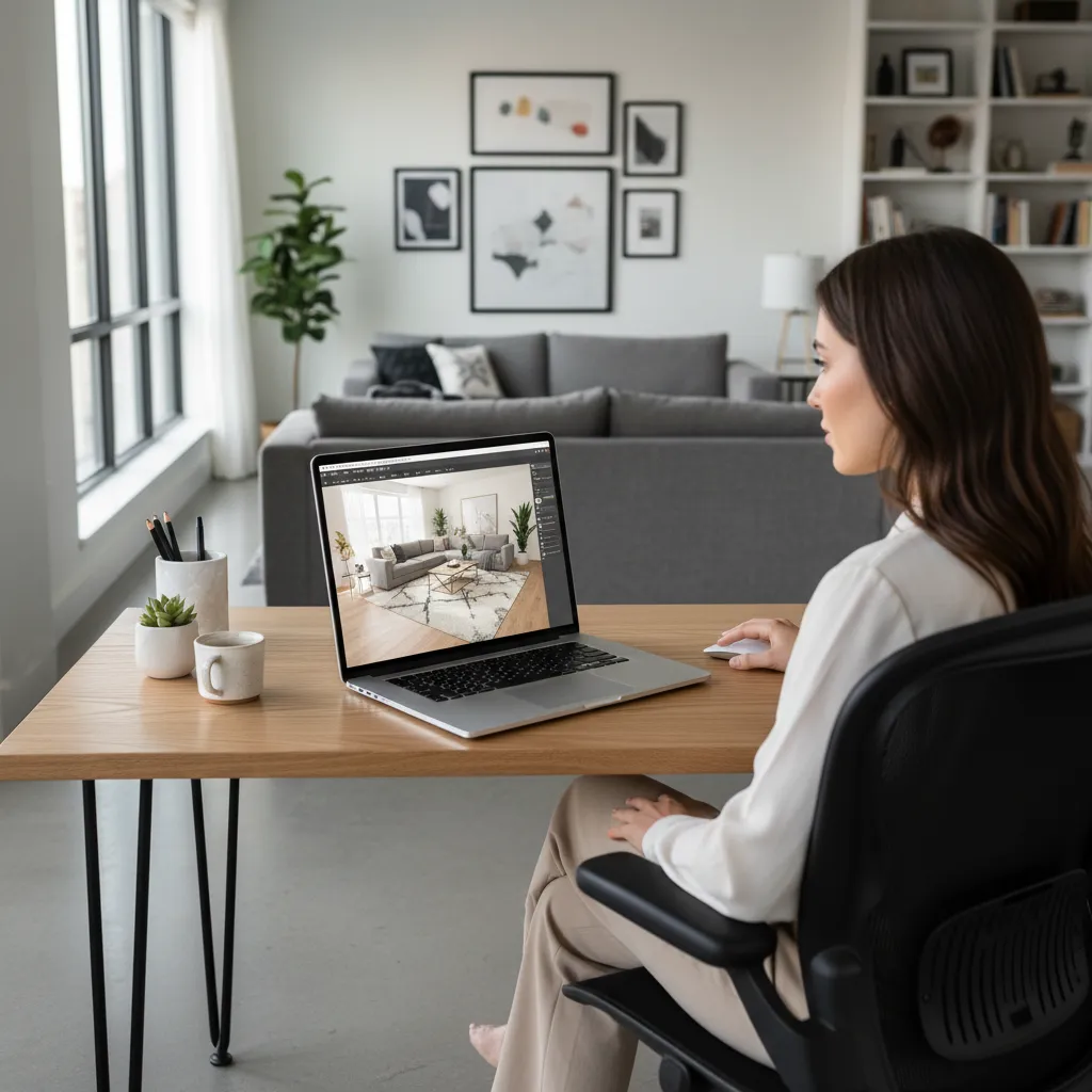 Woman sitting at wooden desk using laptop to view modern living room interior design drawing